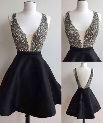 Sexy A-line V-neck Satin Tulle Short/Mini Crystal Detailing Black Short Prom Dresses #Favs020102517