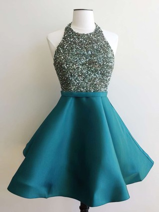 A-line Halter Satin Short/Mini Beading Short Prom Dresses #Favs020102519
