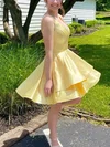 A-line V-neck Satin Short/Mini Homecoming Dresses With Tiered #Favs020110825