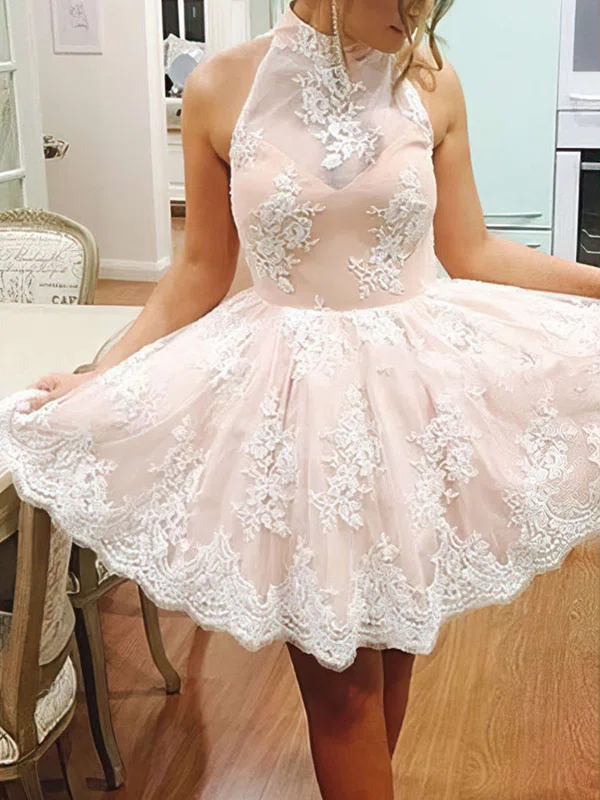 A-line High Neck Tulle Short/Mini Appliques Lace Short Prom Dresses #Favs020102525