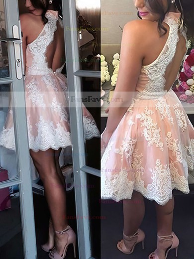 A-line High Neck Tulle Short/Mini Appliques Lace Prom Dresses #Favs020102525