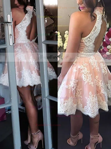 A-line High Neck Tulle Short/Mini Appliques Lace Short Prom Dresses #Favs020102525
