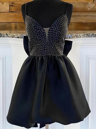 A-line V-neck Satin Short/Mini Homecoming Dresses With Beading #Favs020110844