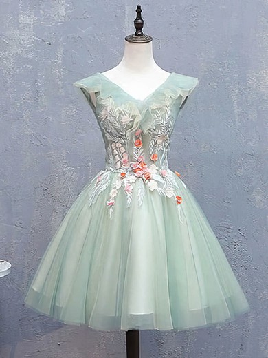 A-line V-neck Tulle Short/Mini Homecoming Dresses With Flower(s) #Favs020110847