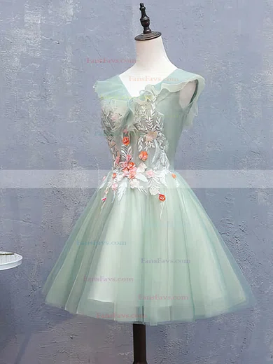 A-line V-neck Tulle Short/Mini Homecoming Dresses With Flower(s) #Favs020110847