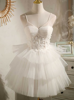 A-line V-neck Tulle Knee-length Homecoming Dresses With Beading #Favs020110849 A-line V-neck Tulle Knee-length Homecoming Dresses With Beading #Favs020110849