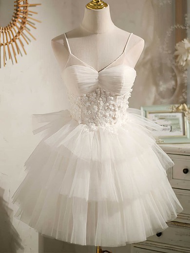 A-line V-neck Tulle Knee-length Homecoming Dresses With Beading #Favs020110849