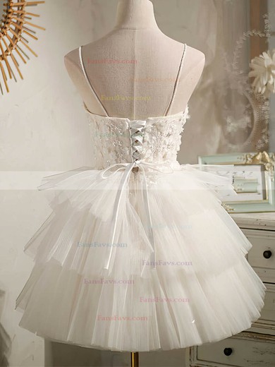 A-line V-neck Tulle Knee-length Homecoming Dresses With Beading #Favs020110849
