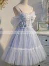 A-line V-neck Tulle Tea-length Homecoming Dresses With Appliques Lace #Favs020110850