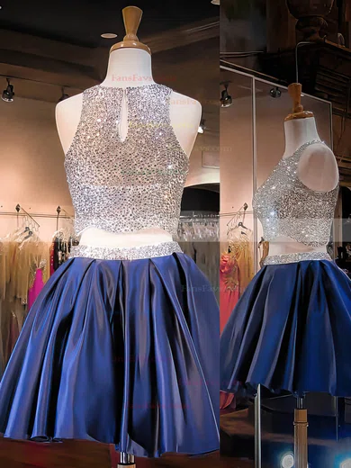 A-line Scoop Neck Satin Short/Mini Beading Short Prom Dresses #Favs020102543