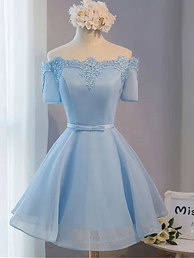 A-line Off-the-shoulder Satin Organza Short/Mini Sashes / Ribbons Short Prom Dresses #Favs020102547