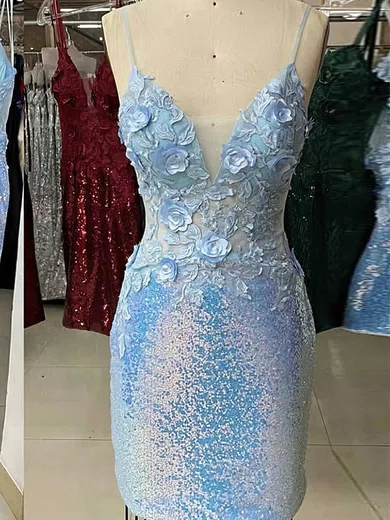 Sheath/Column V-neck Sequined Short/Mini Homecoming Dresses With Flower(s) #Favs020110891