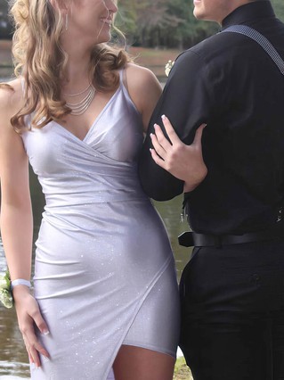 Sheath/Column V-neck Shimmer Crepe Asymmetrical Homecoming Dresses With Split Front #Favs020110899 Sheath/Column V-neck Shimmer Crepe Asymmetrical Homecoming Dresses With Split Front #Favs020110899