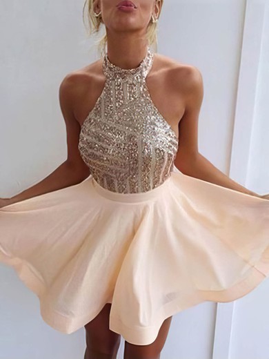 Casual A-line Halter Chiffon Short/Mini Sequins Backless Short Prom Dresses #Favs020102557