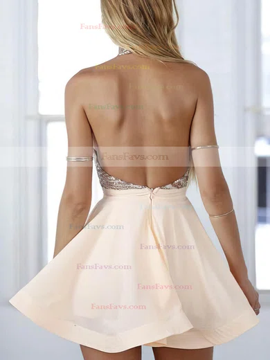 Casual A-line Halter Chiffon Short/Mini Sequins Backless Short Prom Dresses #Favs020102557