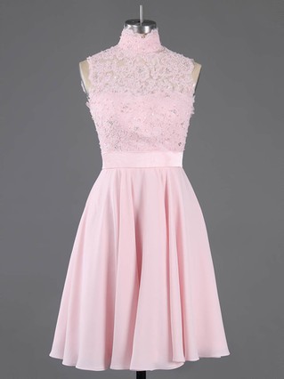 Pretty A-line High Neck Chiffon Short/Mini Appliques Lace Pink Short Prom Dresses #Favs020100684 Pretty A-line High Neck Chiffon Short/Mini Appliques Lace Pink Short Prom Dresses #Favs020100684