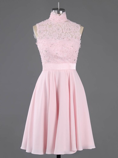 Pretty A-line High Neck Chiffon Short/Mini Appliques Lace Pink Short Prom Dresses #Favs020100684