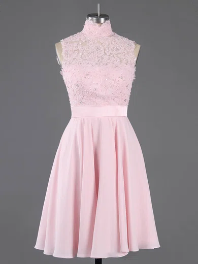 Pretty A-line High Neck Chiffon Short/Mini Appliques Lace Pink Short Prom Dresses #Favs020100684