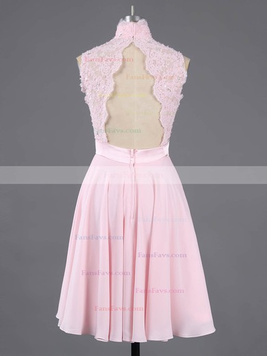 Pretty A-line High Neck Chiffon Short/Mini Appliques Lace Pink Short Prom Dresses #Favs020100684