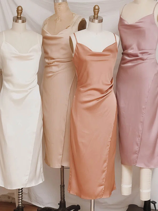 Sheath/Column Cowl Neck Silk-like Satin Tea-length Homecoming Dresses With Split Front #Favs020110940
