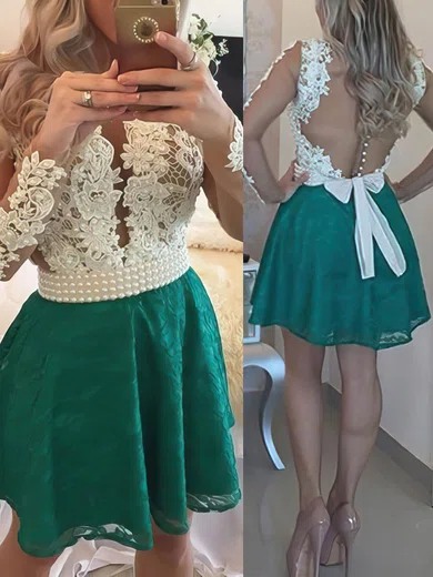 A-line Scoop Neck Lace Tulle Short/Mini Appliques Lace Long Sleeve Short Prom Dresses #Favs020102457