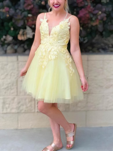 A-line V-neck Tulle Knee-length Homecoming Dresses With Lace #Favs020110953