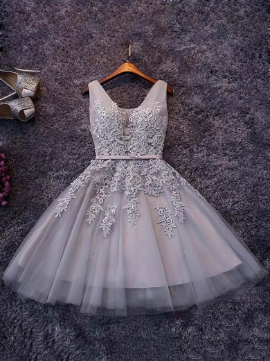A-line V-neck Tulle Knee-length Appliques Lace Popular Short Prom Dresses #Favs020102505