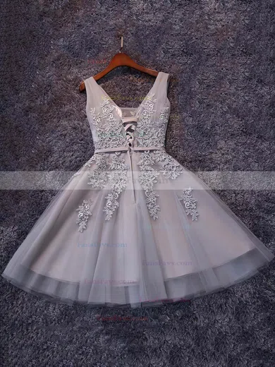 A-line V-neck Tulle Knee-length Appliques Lace Popular Short Prom Dresses #Favs020102505