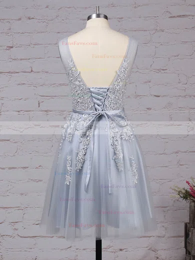 A-line V-neck Tulle Knee-length Appliques Lace Popular Short Prom Dresses #Favs020102505
