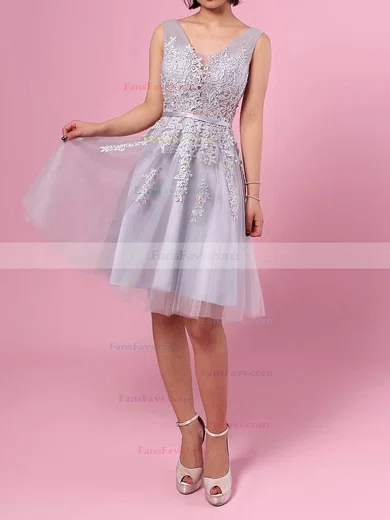 A-line V-neck Tulle Knee-length Appliques Lace Popular Short Prom Dresses #Favs020102505