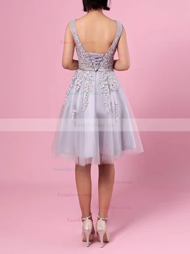 A-line V-neck Tulle Knee-length Appliques Lace Popular Short Prom Dresses #Favs020102505