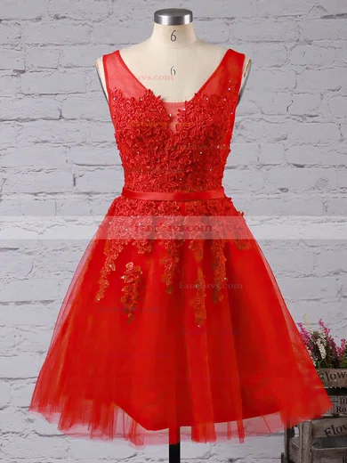 A-line V-neck Tulle Knee-length Appliques Lace Popular Short Prom Dresses #Favs020102505