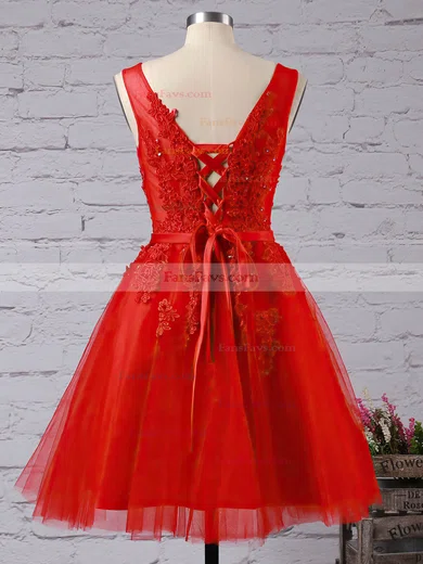 A-line V-neck Tulle Knee-length Appliques Lace Popular Short Prom Dresses #Favs020102505