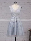 A-line V-neck Tulle Knee-length Appliques Lace Popular Short Prom Dresses #Favs020102505