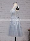 A-line V-neck Tulle Knee-length Appliques Lace Popular Prom Dresses #Favs020102505
