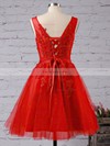 A-line V-neck Tulle Knee-length Appliques Lace Popular Prom Dresses #Favs020102505