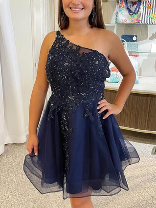 A-line One Shoulder Tulle Short/Mini Homecoming Dresses With Lace #Favs020110959