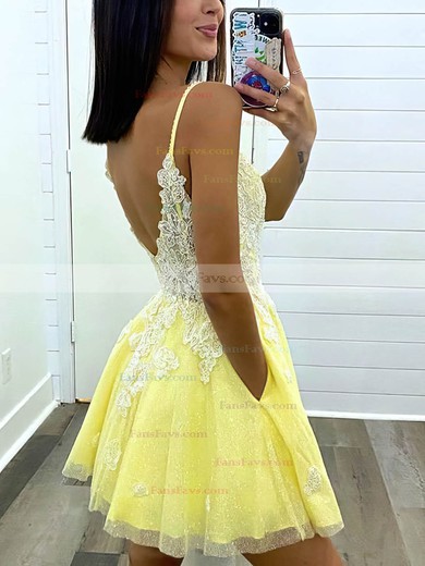 A-line V-neck Tulle Short/Mini Homecoming Dresses With Lace #Favs020110961