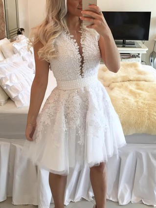 A-line Scoop Neck Tulle Short/Mini Appliques Lace White Classy Short Prom Dresses #Favs020102569 A-line Scoop Neck Tulle Short/Mini Appliques Lace White Classy Short Prom Dresses #Favs020102569