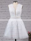A-line Scoop Neck Tulle Short/Mini Appliques Lace White Classy Prom Dresses #Favs020102569