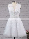 A-line Scoop Neck Tulle Short/Mini Appliques Lace White Classy Short Prom Dresses #Favs020102569