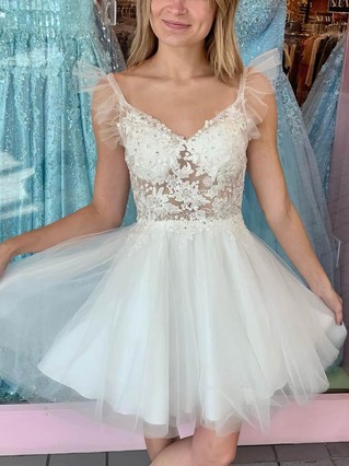 A-line V-neck Tulle Short/Mini Homecoming Dresses With Lace #Favs020110968 A-line V-neck Tulle Short/Mini Homecoming Dresses With Lace #Favs020110968