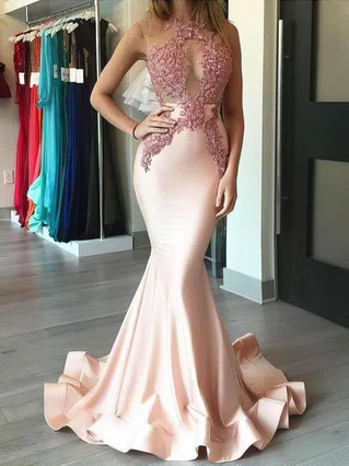 Trumpet/Mermaid Scoop Neck Jersey Sweep Train Appliques Lace Prom Dresses #Favs020104520 Trumpet/Mermaid Scoop Neck Jersey Sweep Train Appliques Lace Prom Dresses #Favs020104520