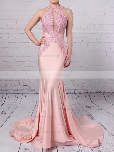 Trumpet/Mermaid Scoop Neck Jersey Sweep Train Appliques Lace Prom Dresses #Favs020104520