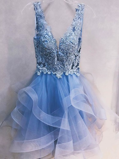 A-line V-neck Tulle Lace Short/Mini Homecoming Dresses With Appliques Lace #Favs020111025