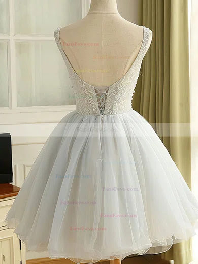 A-line Scoop Neck Lace Tulle Knee-length Homecoming Dresses With Beading #Favs020111035
