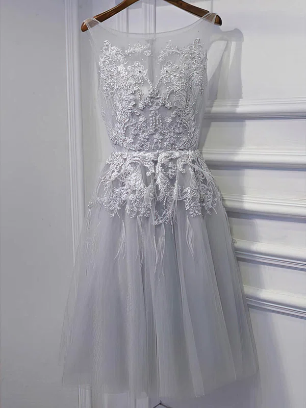 A-line Scoop Neck Lace Tulle Knee-length Homecoming Dresses With Appliques Lace #Favs020111036
