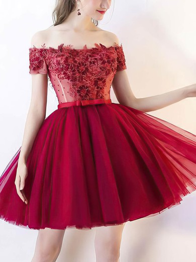 A-line Off-the-shoulder Lace Tulle Short/Mini Homecoming Dresses With Appliques Lace #Favs020111041