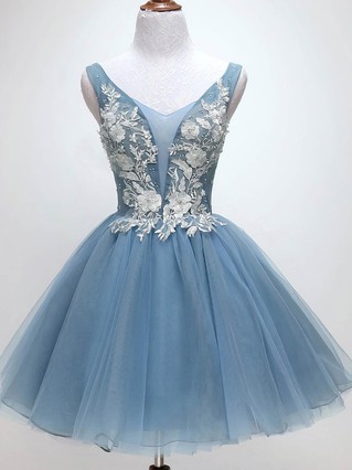 A-line V-neck Lace Tulle Short/Mini Homecoming Dresses With Appliques Lace #Favs020111044 A-line V-neck Lace Tulle Short/Mini Homecoming Dresses With Appliques Lace #Favs020111044