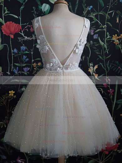 A-line V-neck Tulle Lace Short/Mini Homecoming Dresses With Beading #Favs020111045